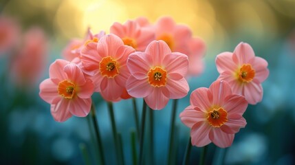 a bunch of pink flowers sitting in a vase on top of a blue and yellow tablecloth with a blurry background.