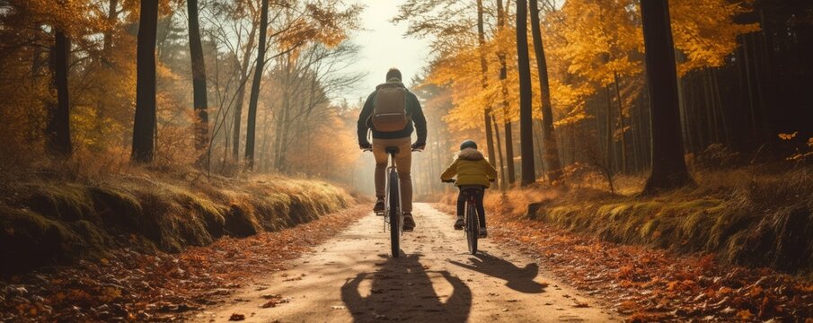 A Young Girl And Her Father Cycling In The Forest On A Sunny Autumn Day, Seen From Behind.