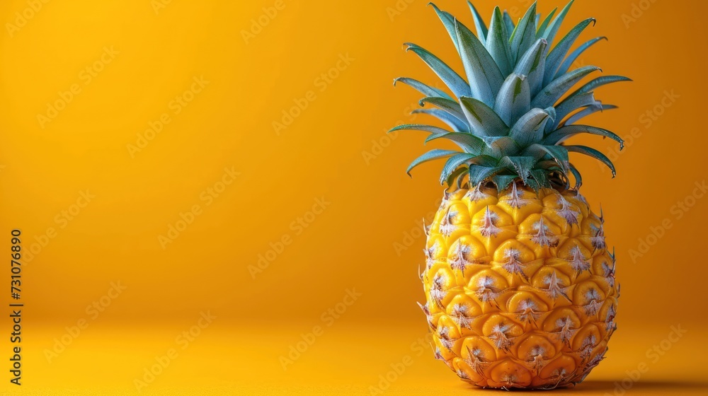 Poster a close up of a pineapple on a yellow background with space for a name on the top of the pineapple.