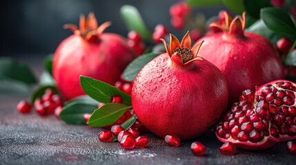 a group of pomegranates sitting on top of a table next to a bunch of green leaves.