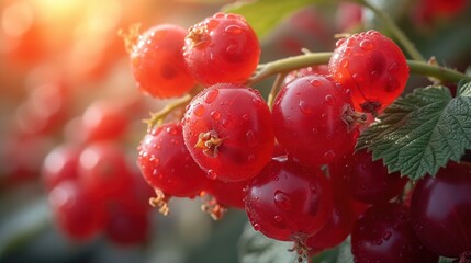 a close up of a bunch of cherries on a branch with water droplets on the leaves and the sun in the background. - obrazy, fototapety, plakaty