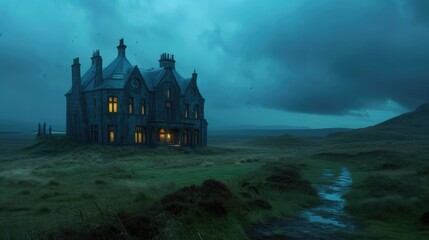 Spooky thin and tall mansion standing alone on moor, rainy field, Victorian architecture, stormy fog night. Creepy dark haunted castle. Old scary mysterious house. Magical fairy tale. Exterior outside
