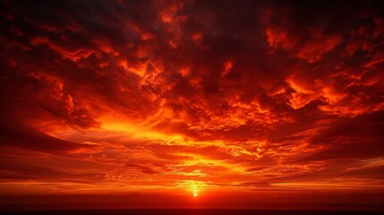 The morning sky ablaze with red hues, featuring a sunrise and clouds at dawn. - obrazy, fototapety, plakaty