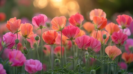 a field of pink and orange flowers with the sun shining through the trees in the background and a blurry background.