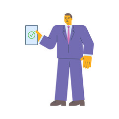Businessman holding tablet with check mark icon and smiles
