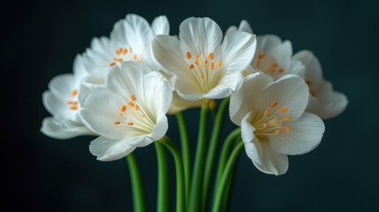 a vase filled with white flowers sitting on top of a green table next to a blue wall and a black background.