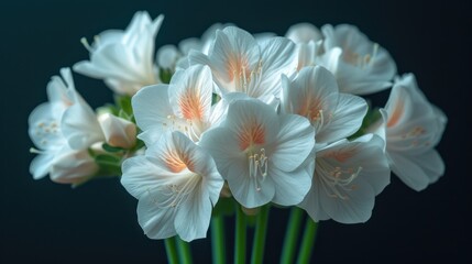 a close up of a bunch of white flowers in a vase on a black background with a green stem in the foreground.