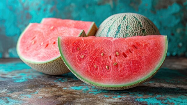 a couple of slices of watermelon sitting next to each other on a blue and green tableclothed surface.