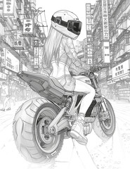 Fototapeta na wymiar Biker on a motorcycle. Traveling through future cities. A girl on a motorcycle wearing a helmet. Illustration for coloring book
