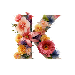 Letter K with flower elements flower made of flower 3D isolated on transparent background