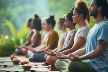 Diverse group meditating in a peaceful setting, promoting mindfulness and mental well-being. - 731078433