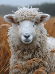 Sheep looks at the camera while standing in field