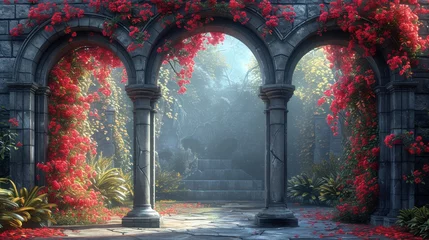 Abwaschbare Fototapete Feenwald Beautiful secret fairytale garden with flower arches and colorful greenery. Digital painting background.