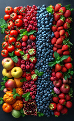 Naklejka na ściany i meble Assorted fresh berries and fruits on black background