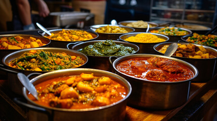 Variety of cooked curries on display at Camden. - obrazy, fototapety, plakaty