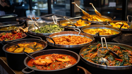 Variety of cooked curries on display at Camden. - obrazy, fototapety, plakaty