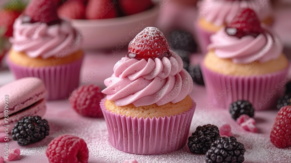 Poster a close up of a cupcake with frosting and raspberries on a table with other cupcakes.