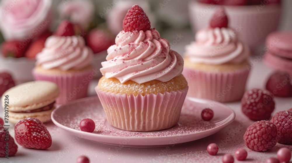 Poster a close up of a plate of cupcakes with frosting and raspberries on a table with other cupcakes.