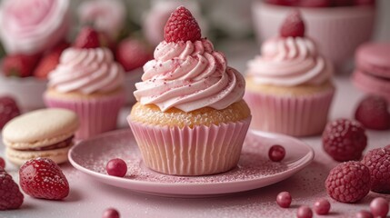 a close up of a plate of cupcakes with frosting and raspberries on a table with other cupcakes.