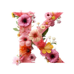 Letter K with flower elements flower made of flower 3D isolated on transparent background