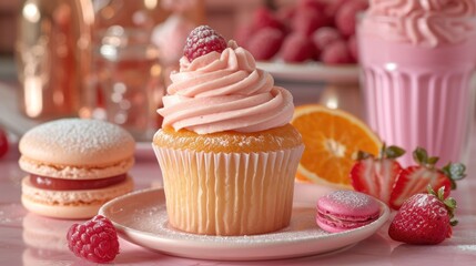 a close up of a plate of food with a cupcake and a muffin on the side of the plate.