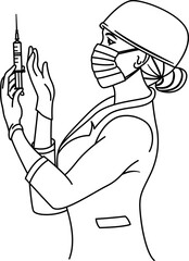 Nurse Getting Ready to Give an Injection for Coloring Book. Vector Illustration of a Nurse in a Medical Gown and a Protective Mask Holding a Disposable Syringe with a Vaccine. Medicine Concept