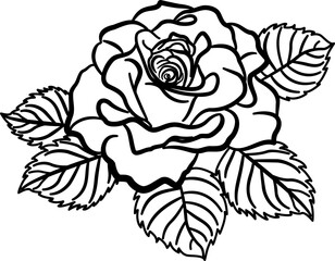 Rose Flower for Coloring Page. Vector Illustration of a Beautiful Rose with Leaves