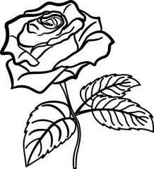 Rose Flower with Stem for Coloring. Vector Illustration of a Beautiful Rose with Leaves