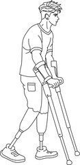 Young Man With Prosthetic Legs for Coloring. Handsome Man with Prosthetic Legs Learning to Walk with Crutches. Vector illustration