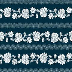 Horizontal ornament with flowers.Vector seamless pattern with white flowers and lace on a blue background.