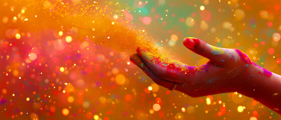 Colorful Holi powder is blown away from a woman's hand - Happy Holi