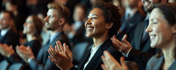 Business colleagues smiling and applauding at a conference event held in a convention center. - obrazy, fototapety, plakaty