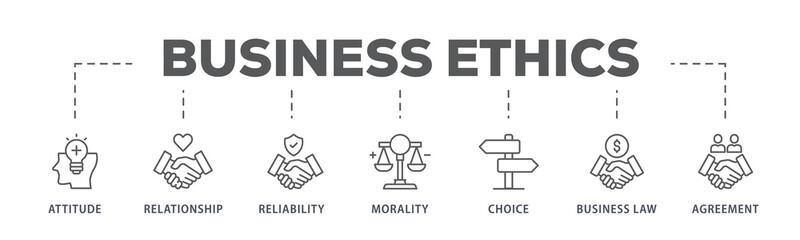 Business ethics banner web icon illustration concept with icon of attitude, relationship, reliability, morality, choice, business law and agreement