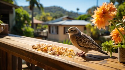 a bird sitting on top of a wooden table next to a flower pot and a plate of food on a table.