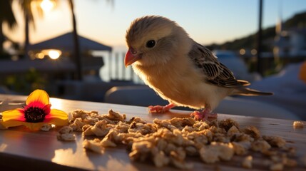a small bird standing on top of a wooden table next to a pile of nuts and a flower on a table.