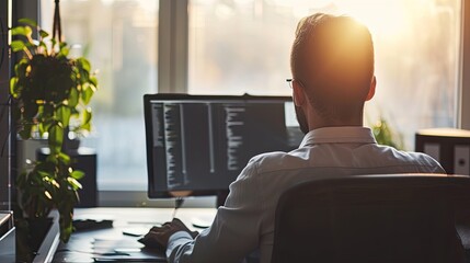 Professional Man Analyzing Financial Data on Computer Screen in Modern Office Environment