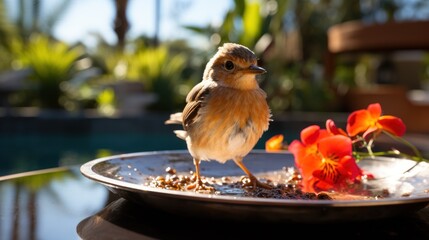 a small bird sitting on top of a metal plate next to a flower on a table next to a pool. - obrazy, fototapety, plakaty