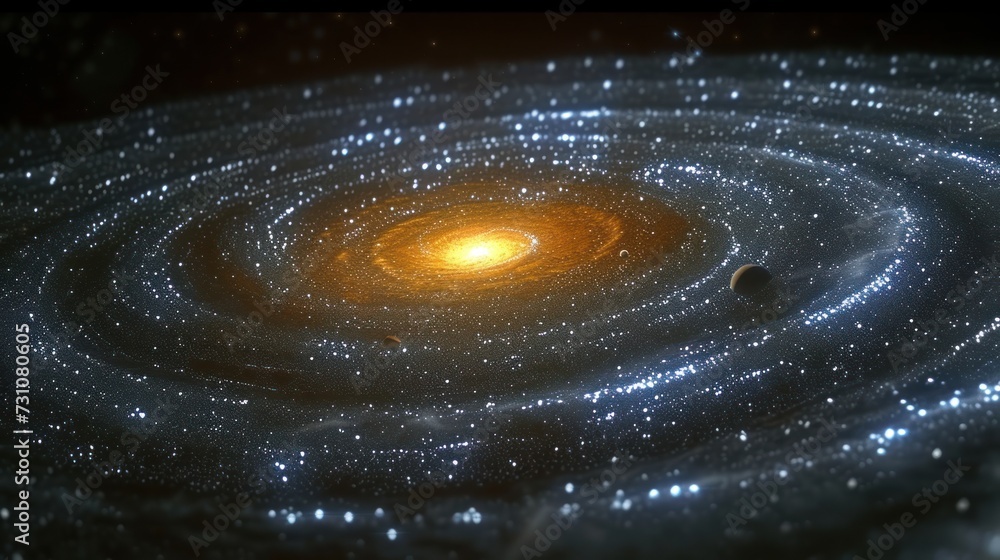 Poster an artist's rendering of a spiral galaxy with a star in the center and two planets in the foreground