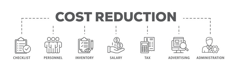 Cost reduction banner web icon illustration concept with icon of checklist, personnel, inventory, salary, tax, advertising and administration