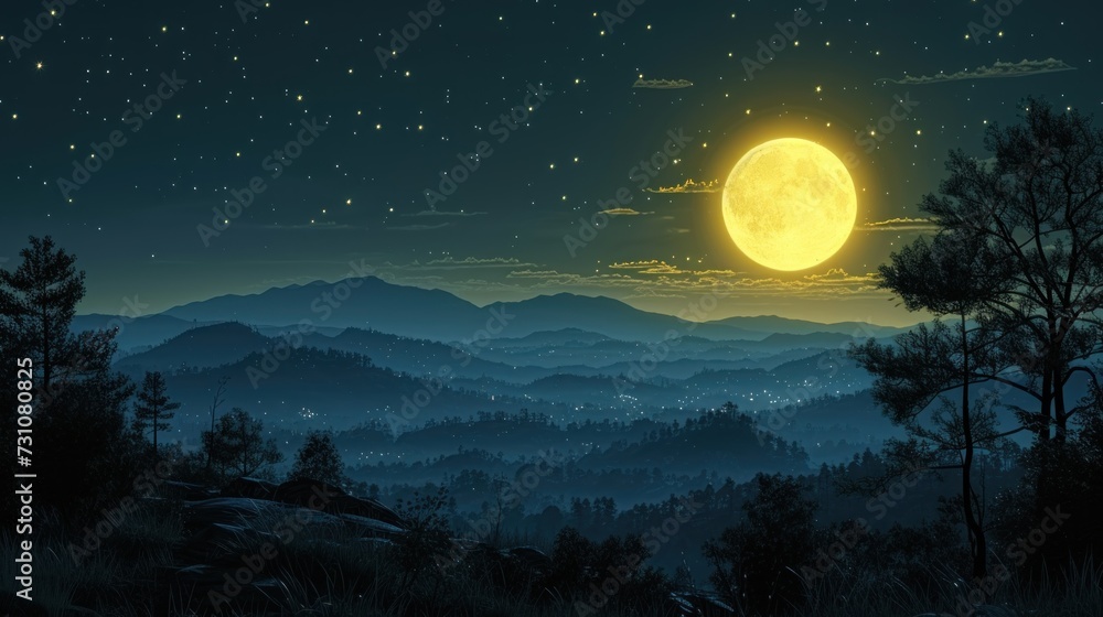 Aufkleber a night scene with a full moon in the sky and a mountain range in the foreground with trees in the f