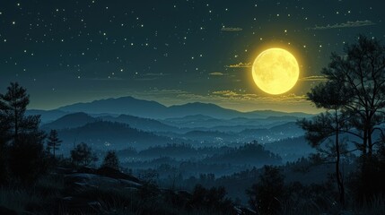 a night scene with a full moon in the sky and a mountain range in the foreground with trees in the foreground.