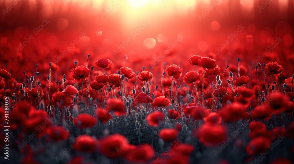 Poster a field full of red flowers with the sun shining through the trees in the background and the sky in 