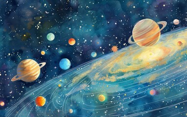 Illustration of the solar system creatively rendered in pastel watercolor style.