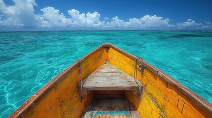a boat in the middle of a body of water with blue sky and clouds in the background and the bottom half of the boat in the water.