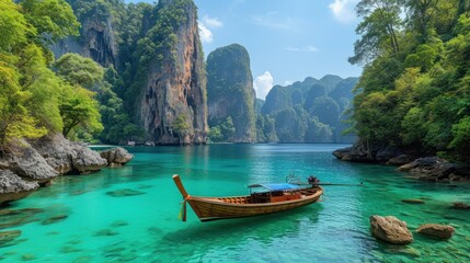 a boat floating on top of a body of water next to a lush green forest covered cliff covered mountain range.