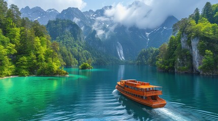 a boat in the middle of a body of water with a mountain range in the background and clouds in the sky.