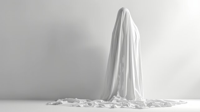 A standing Halloween ghost covered in a white sheet isolated against a white background.