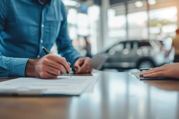 photograph of Car dealer signs a contract for a new car at a car showroom. The motive for purchasing a new car at an authorized showroom  - obrazy, fototapety, plakaty