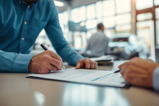 photograph of Car dealer signs a contract for a new car at a car showroom. The motive for purchasing a new car at an authorized showroom 