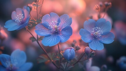 a close up of a blue flower with a blurry background of pink and blue flowers in the foreground.